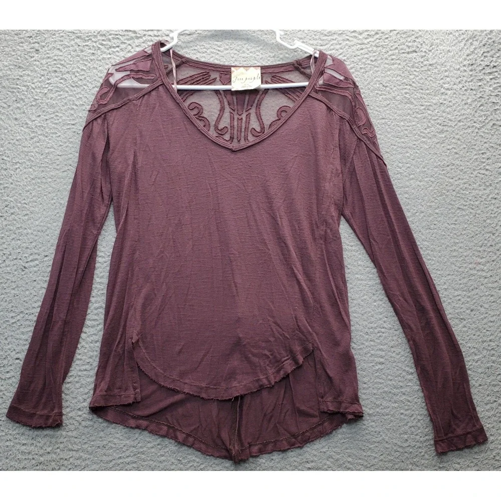 Free People Tunic Top Women's XS Purple High-Low Hem Long Sleeve V-Neck Pullover